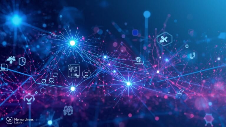 Abstract illustration of artificial intelligence concepts showing neural networks, agentic AI icons, GPTZero detection, and machine learning terms in a modern tech design.