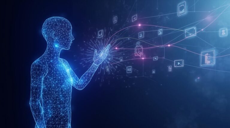 Abstract futuristic AI agent hologram interacting with digital tools and data streams, symbolizing autonomous artificial intelligence.