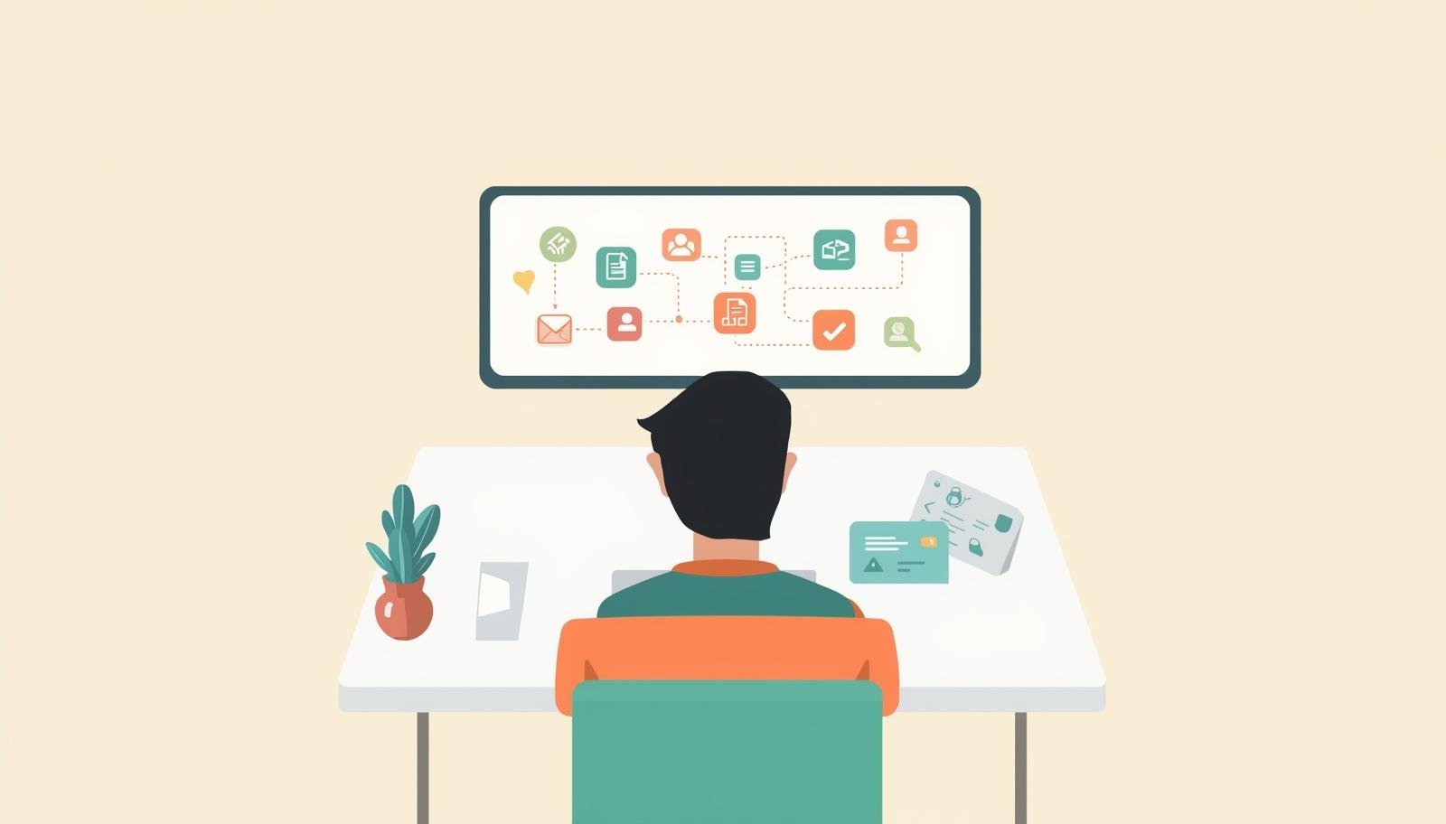 Visual workflow connecting apps like email, spreadsheet, and CRM — Make.com automation for small businesses — FounderAutomation.com